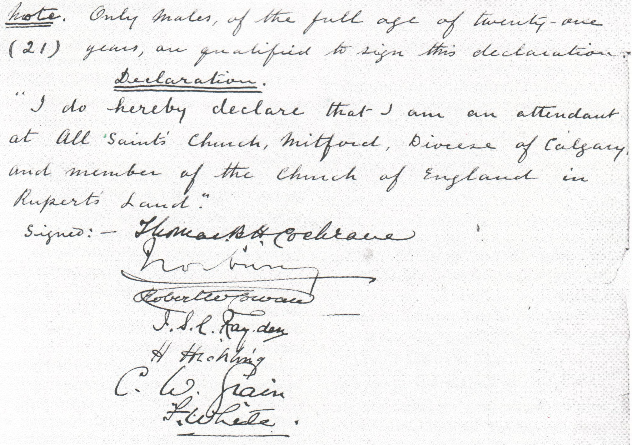 From the original Minute Book: Lady Adela notwithstanding, women were not allowed to sign as full members of the congregation.