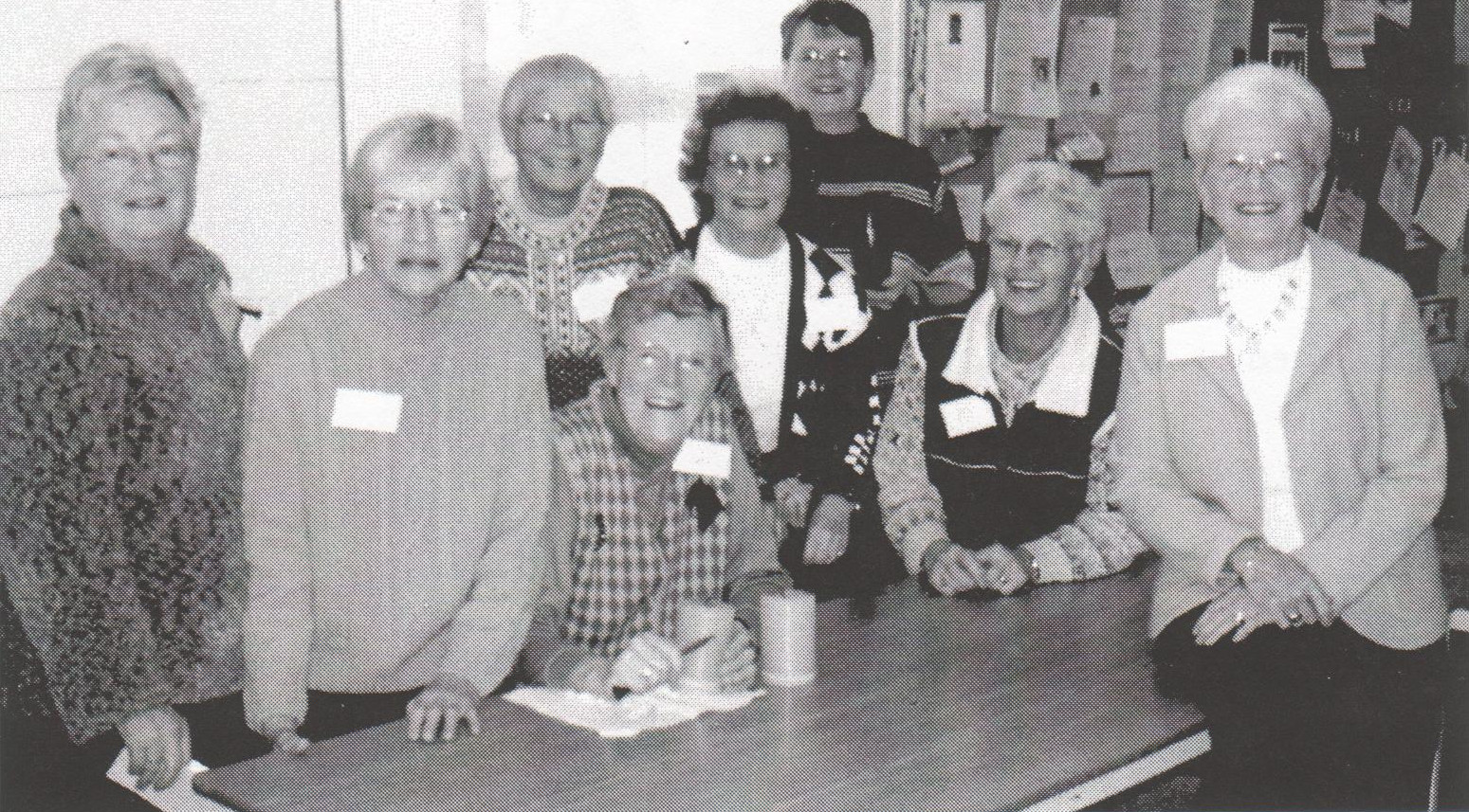Some indispensable women of All Saints in the Holy Spirit teachers' lounge one Sunday in 2007: Altar Guild members, sidespeople, and those who make the coffee. From left to right, Lynda Alderman, Dot Pellow, Milli Pratt, Joyce Clapperton, Pat Tittemore, Christine Goodman, Shirley Thomas and Robin Harvie.