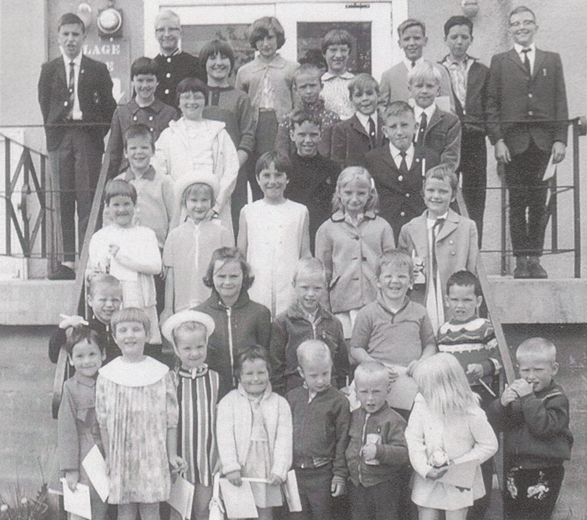 Sunday School in 1967. In those days there was no room at the church for Sunday School, so the children were sent across to the Community Hall.