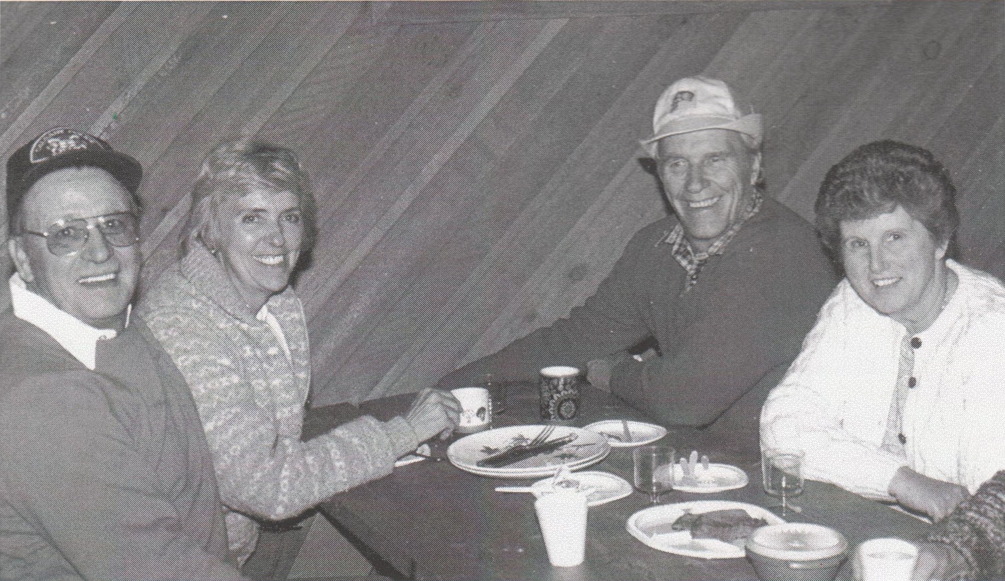 Leigh Blackwell, Dianne Edgelow, Clayton Edgelow and Jean Blackwell relaxing after a well-earned supper at the 1984 Church campout.