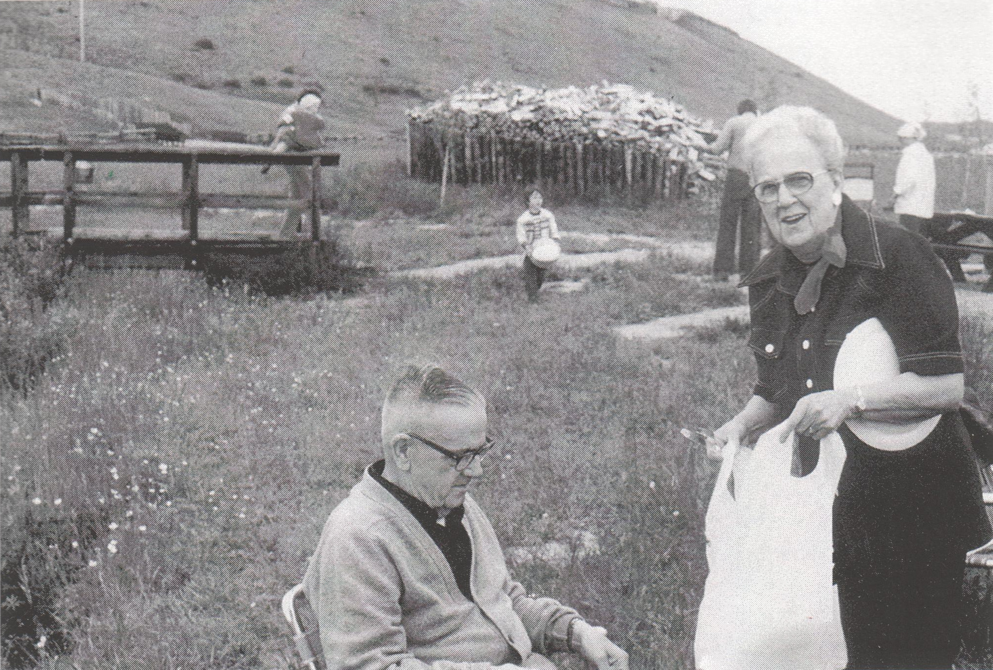 Canon and Mrs. Hill at the church picnic, Cochrane Ranche, June 1980